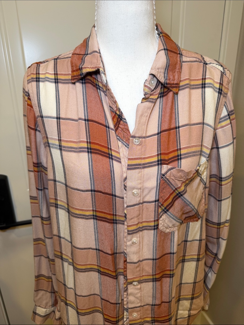 Women’s Pink and Rust Plaid Button Down Flannel Long Sleeve Shirt - Picture 3 of 8